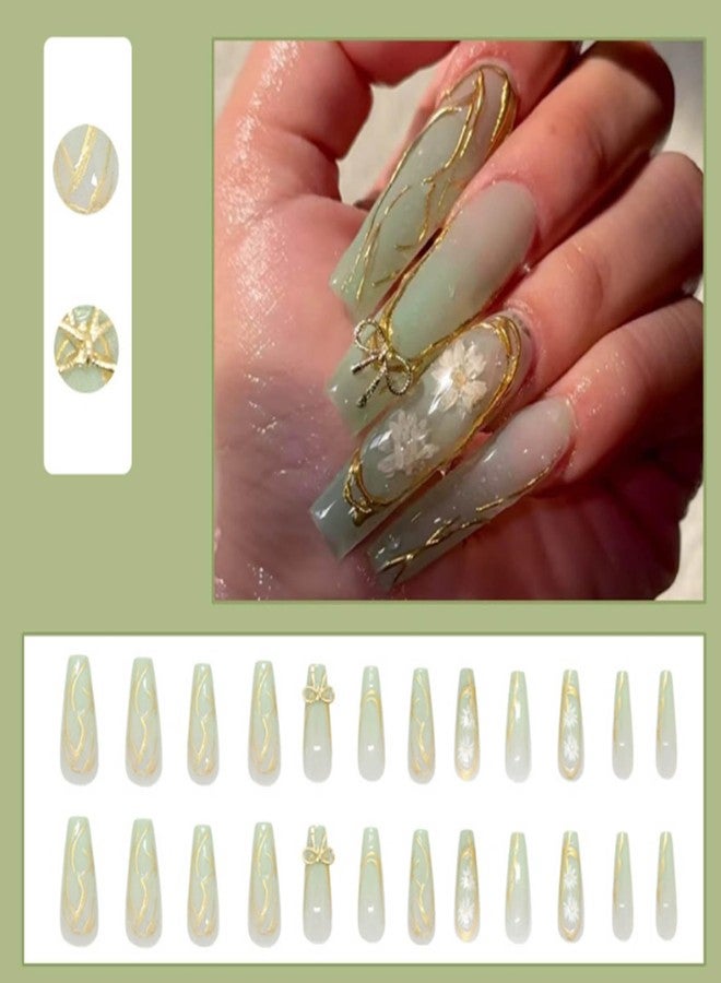 YoYoee 24-Piece Long Coffin Press on Nails - Daisy Bow Tie False Nails | Light Green Gradient Fake Nails for Women Elegant & Durable Artificial Nails for Instant Manicure - Image 2